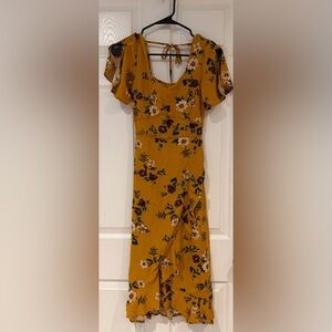 Mustard Yellow Floral Wrap Dress Tie Back Flutter Sleeves Fitted Bodice Size S